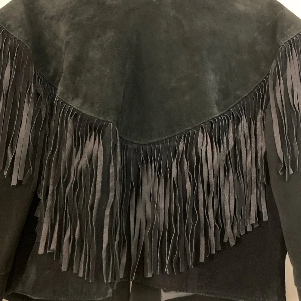 Vintage Black Fringed Cropped Suede Leather Jacket for Women, size Medium - Picture 6 of 6